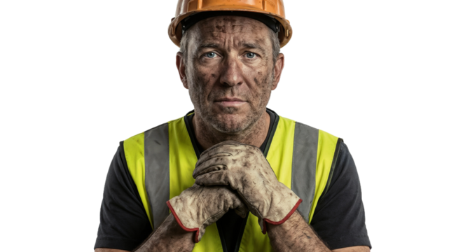 Construction worker takes a moment to reflect on the job site while wearing safety gear and showing signs of hard work in the afternoon light