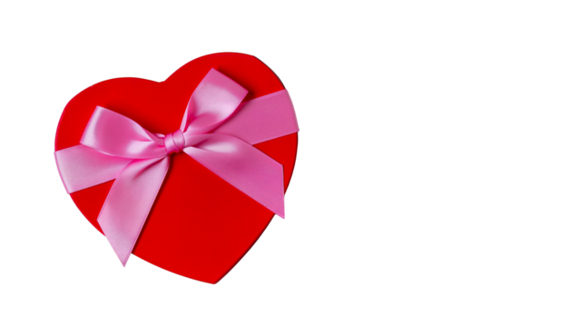 Red heart-shaped gift box tied with pink satin ribbon on transparent background.