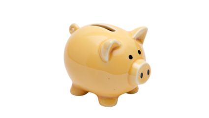Yellow ceramic piggy bank isolated on transparent background