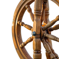 Detailed Wooden Ship Steering Wheel Close Up With Sunlight Reflecting On The Polished Wood Surface Isolated On Black Background