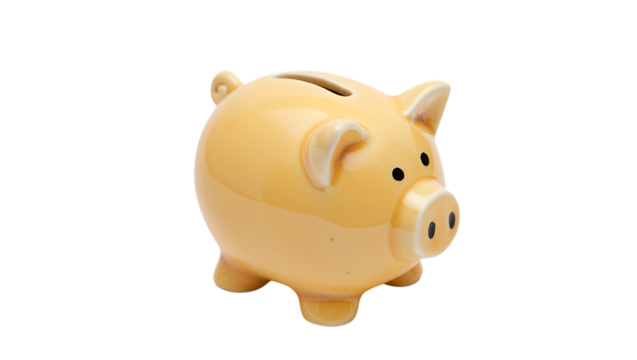 Yellow ceramic piggy bank isolated on transparent background