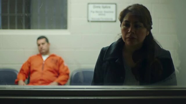 Woman visits an imprisoned man, touching a glass separation, shedding tears due to emotional sadness. Concept of crime, justice, and prison system