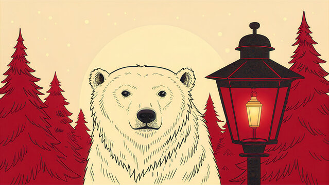 Animal skin in Christmas concept. A bear stands in front of a lantern surrounded by stylized pine trees and a full moon backdrop.