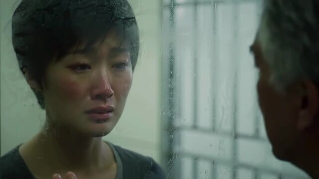 Woman visits an imprisoned man, touching a glass separation, shedding tears due to emotional sadness. Concept of crime, justice, and prison system