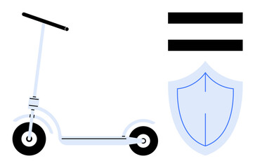 Electric scooter beside shield indicating safety, paired with an equal sign. Ideal for transportation, eco-friendly travel, safety, equal access, protection, mobility solutions minimalism. Simple