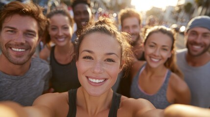 Group of happy runners taking a selfie after a community run at golden hour, smiling and cheerful in the sunlight with diverse participants
