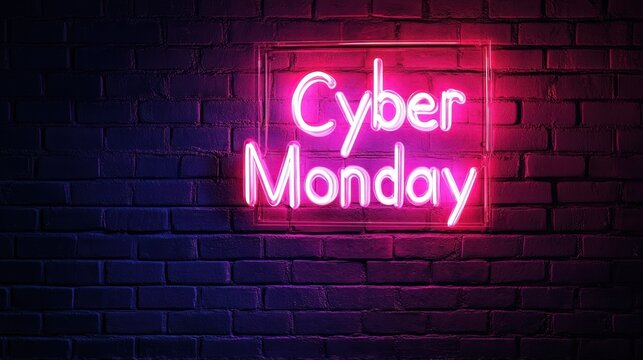 Cyber Monday Neon Sign on Brick Wall for Advertising