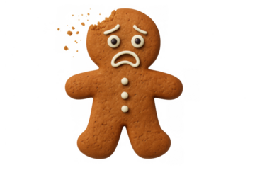 Sad gingerbread man with missing head piece, feeling broken and unhappy, cookie crumbs flying, transparent background