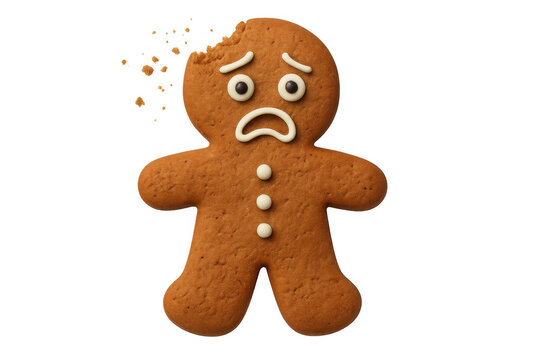 Sad gingerbread man with missing head piece, feeling broken and unhappy, cookie crumbs flying, transparent background