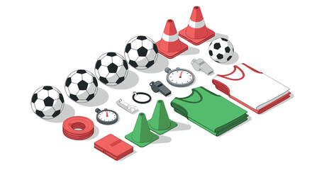 Naklejka premium Isometric soccer equipment set with balls, jerseys, and training cones