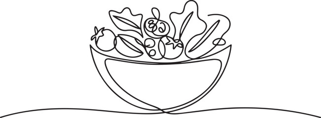 Continuous Line Drawing of a Fresh Salad Bowl. line icon-continuous line drawing. one line Icon drawing with white background © Nargis