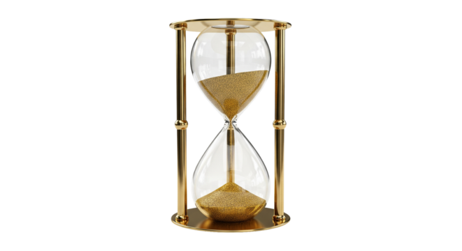 Hourglass with golden sand, 3D detailed glass reflections, isolated