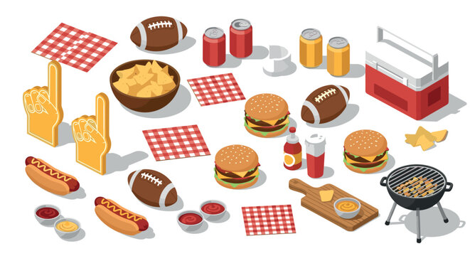 Isometric tailgate party: burgers, drinks, and snacks for game day fun