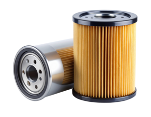 Pair of Modern Car Oil Filters, One Standing and One Lying Flat, Front View, Isolated on White Background