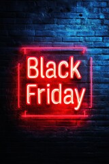 Obraz premium Black Friday neon sign on dark brick wall, highlighting a promotional event and advertising banner.