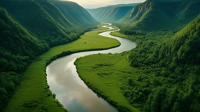 Lush valley floor with a wide river bending gradually and forming natural curves through dense greenery captured from a drifting elevated angle