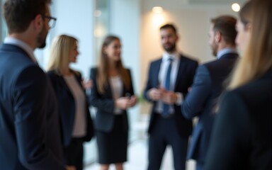 A blurred networking event with business professionals in formal attire, gathered in a modern office or event space, engaging in conversation. High quality