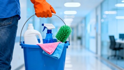 Cleaning supplies in a blue bucket held by a person wearing orange gloves ready for office cleaning