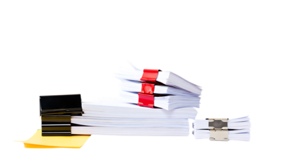 Stack of paper documents bound with red ribbon and binder clip isolated on transparent background
