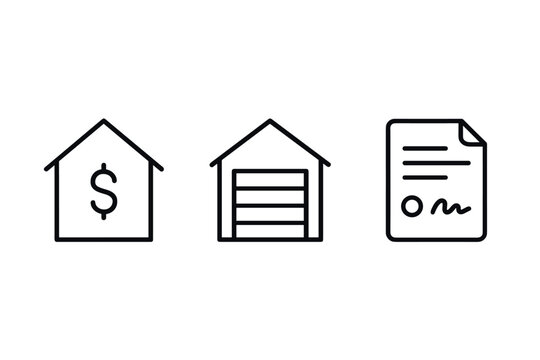 Minimalist real estate icons home value, garage, contract
