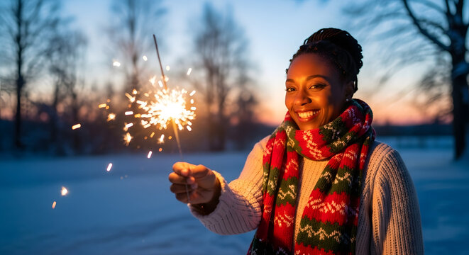 Sparkling Celebration Under Twilight: A joyous figure ignites a sparkler, its shimmering light illuminating her smiling face as dusk paints the horizon, celebrating warmth and seasonal joy. - Powered by Adobe