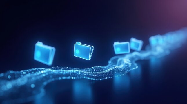 Carpetas luminosas flotantes digitales se mueven a lo largo de un sinuoso camino digital brillante