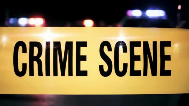 Close-up of yellow "Crime Scene" tape illuminated by rotating police lights