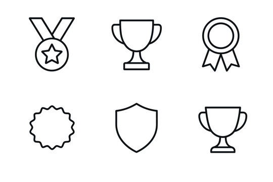 Outline icons of awards and achievements medals, trophies, and shields