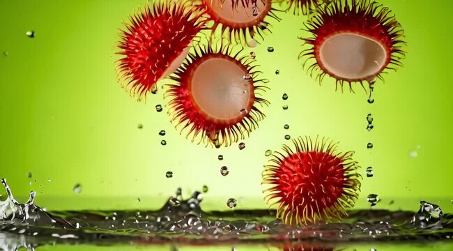 Vibrant red rambutan fruits falling into water with splashes against a bright green background.