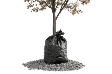 Large Trash Bag Leaning Against Tree on Stones Isolated on Transparent Background