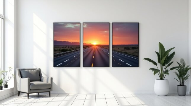Grandes marcos negros que muestran espectaculares tomas de la carretera y decoran un interior blanco minimalista con una sutil energía aventurera