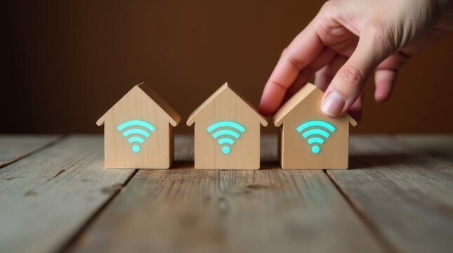 Peque&ntilde;as casas de madera con s&iacute;mbolos Wifi brillantes se encuentran sobre una superficie de madera mientras una mano toca suavemente una