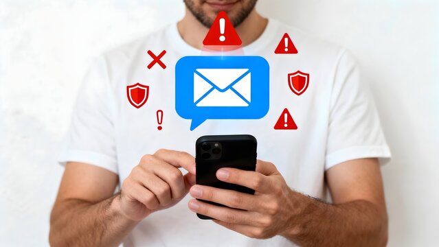 Man using smartphone with email notification alert a concept for spam phishing or malware with security icons