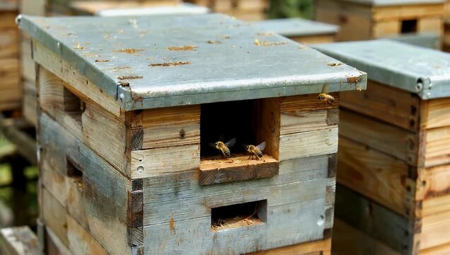 Detailed 4K close up view of numerous bees flying out and flying into a flat shaped entrance with a metal plate on a traditional wooden vintage beehive in an outdoor apiary bee house highlighting the