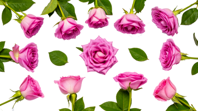 Background of pink roses and green leaves arranged horizontally and vertically on a transparent background.
