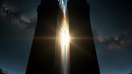 Ancient stone pillars sliding open to reveal bright starlight and a galaxy background in a cinematic 3D animation, symbolizing a mysterious gateway to the universe. - Powered by Adobe