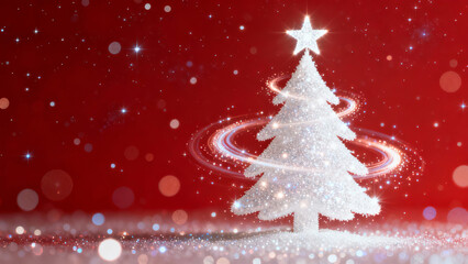 Glittering White Christmas Tree with Magical Light Swirls &mdash; Red Bokeh Background