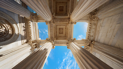 Fototapeta premium Majestic marble columns supporting ornate architectural details against a bright blue sky architecture
