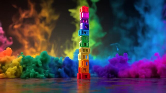 A vibrant composition featuring a tower of colorful blocks set against a backdrop of swirling clouds