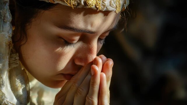 Video A woman in a golden headdress is shown praying, with a serene and contemplative expression