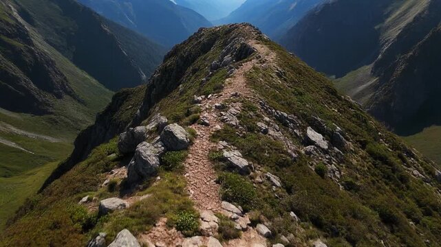 Narrow mountain ridge with steep drops on both sides and patches of exposed rock contrasted with hardy vegetation captured from a smooth rising motion