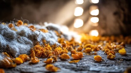 Close-up of cotton-like substance with orange blossoms scattered, lit by warm light from above - Powered by Adobe