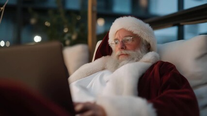 Santa in casual attire leaning back in ergonomic chair, laptop glow illuminating thoughtful face — representing creative founder mindset, peaceful year-end introspection, and cozy modern work