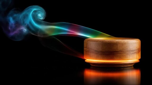 A wooden aromatherapy diffuser with colored smoke on black. Illuminated with warm light