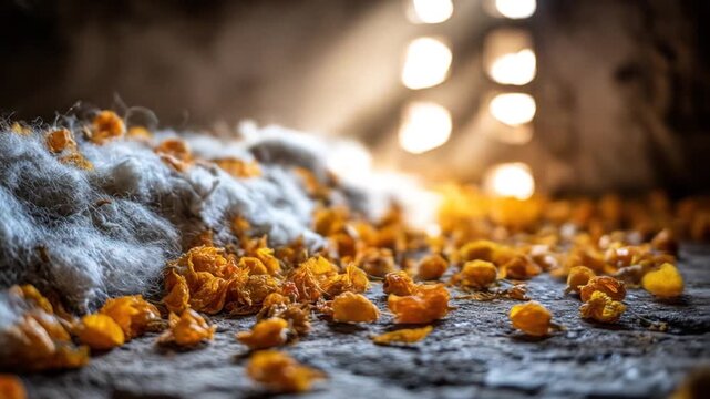 Close-up of cotton-like substance with orange blossoms scattered, lit by warm light from above