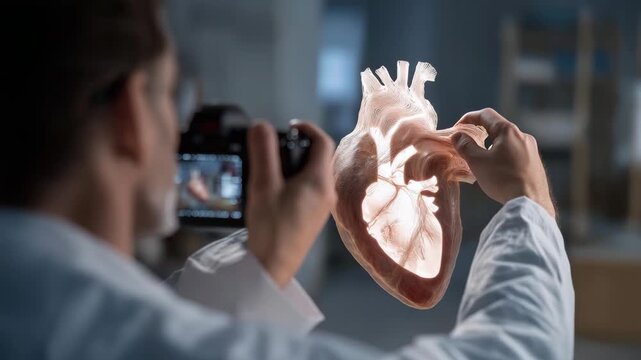 Scientists using holographic projections to model organ structures while AI predicts cellular behavior &mdash; representing advanced bioengineering, futuristic healthcare technology, and