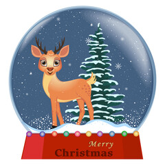 Christmas glass ball with cartoon deer and christmas tree. Vector illustration.
