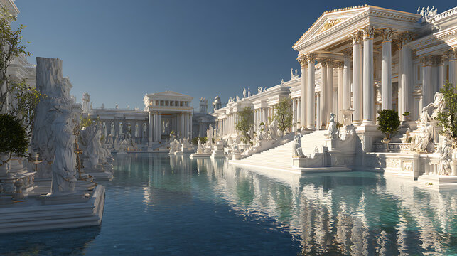 Majestic white marble ancient palace with reflective water and statues classical architecture columns