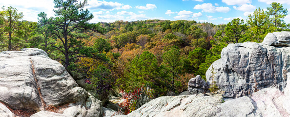 View along the Trail Through Time hiking path at the Pickle Springs Natural Area in New Offenburg, MO close to Hawn State Park