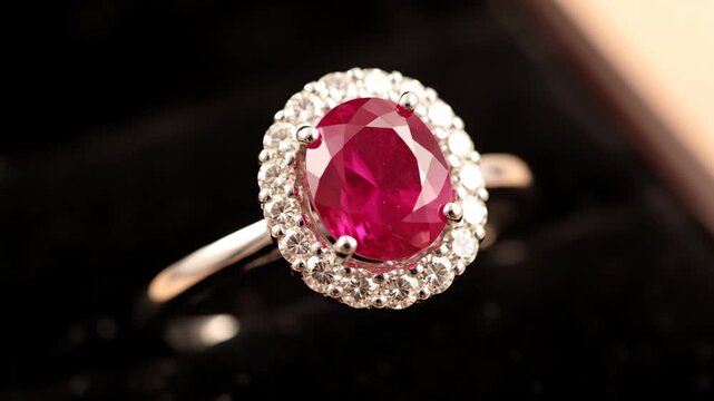 Elegant ruby and diamond halo ring on a dark background, showcasing its intricate design and sparkling gemstones.